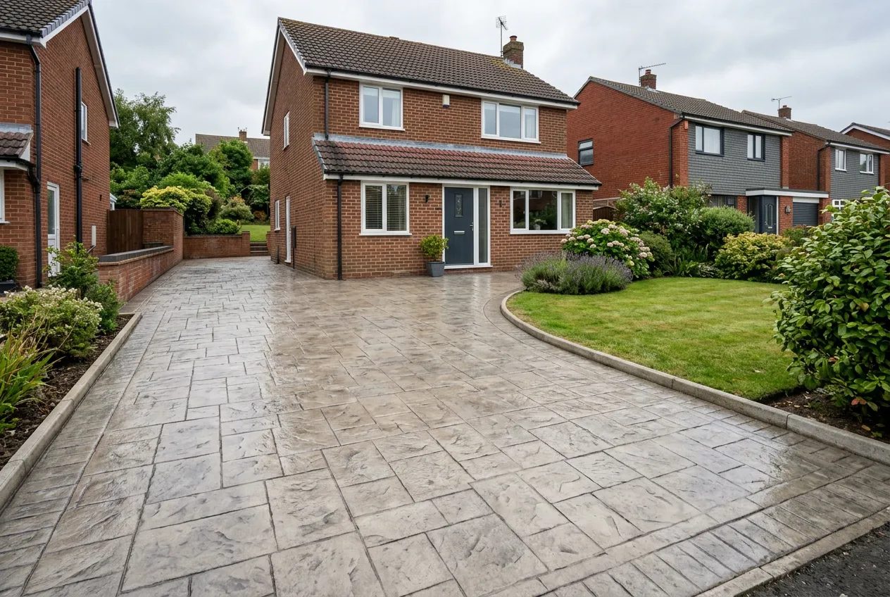 Grey ashlar slate imprinted concrete driveway before a brick semi