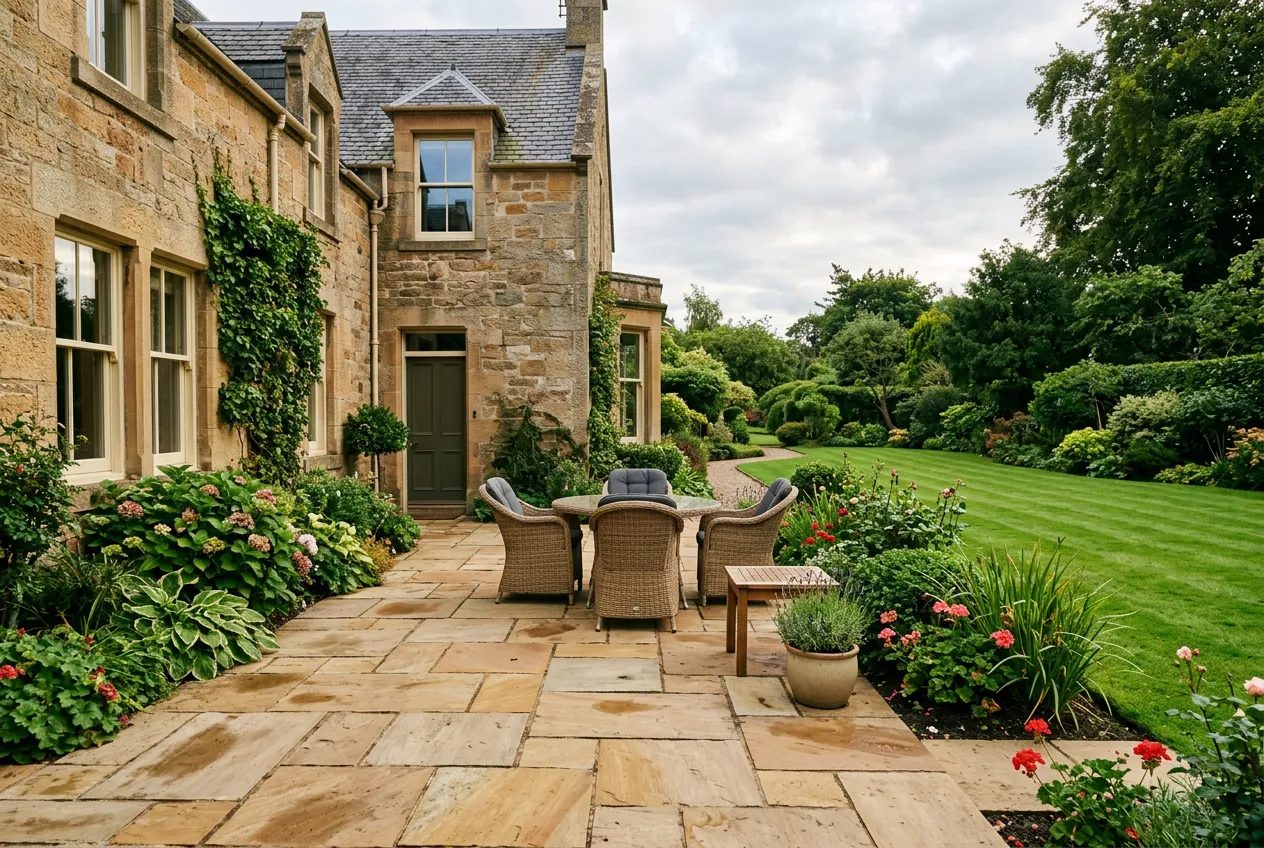 Warm sandstone patio with wicker furniture behind a period Scottish house
