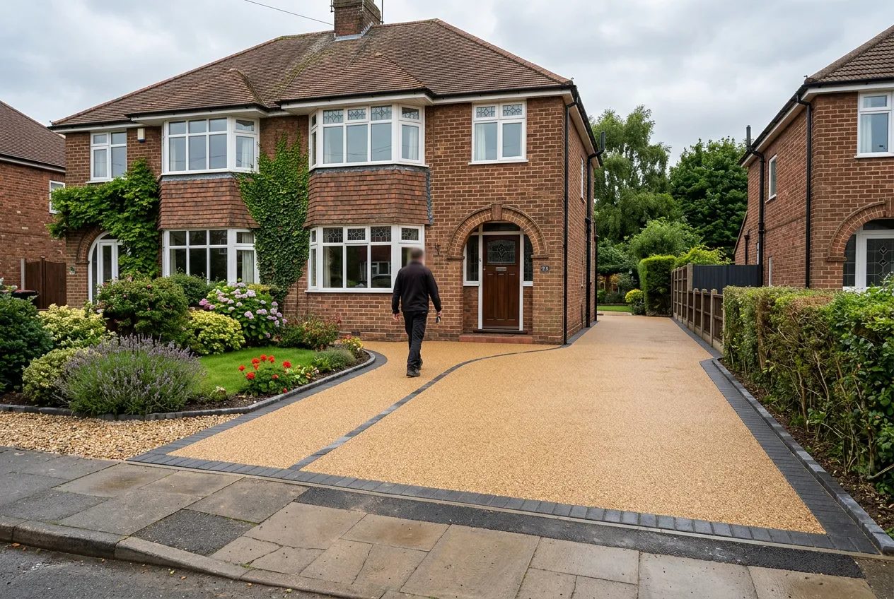 Natural golden resin bound driveway before a 1930s brick semi